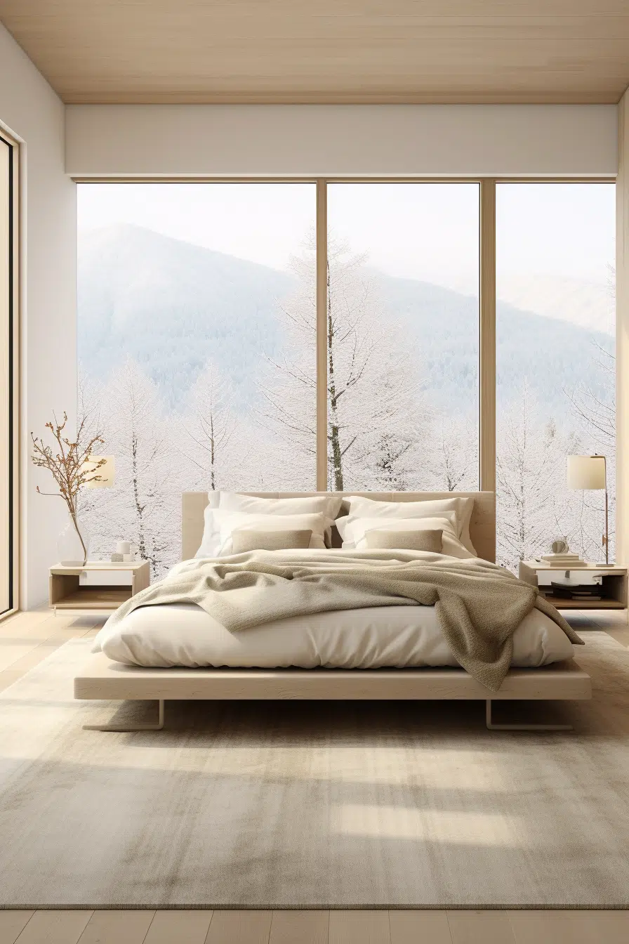 An Organic Modern bedroom with a large window overlooking the mountains.