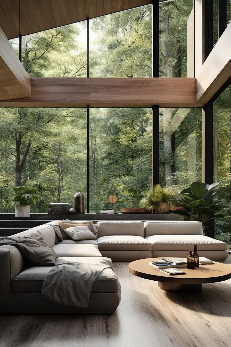 A living room with large windows overlooking a wooded area furnished with an organic modern couch.