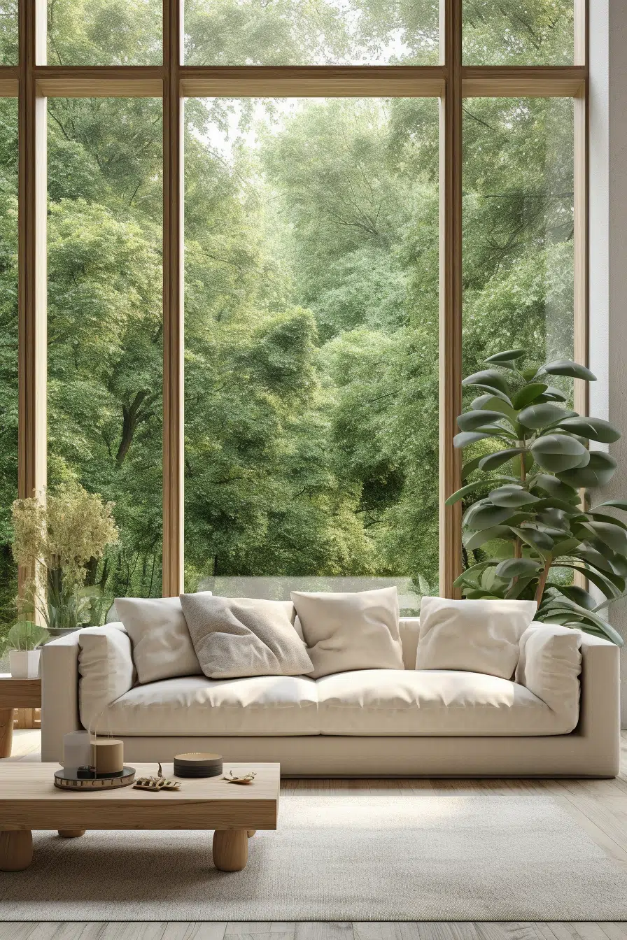 A living room with large windows and an organic modern couch overlooking a forest.