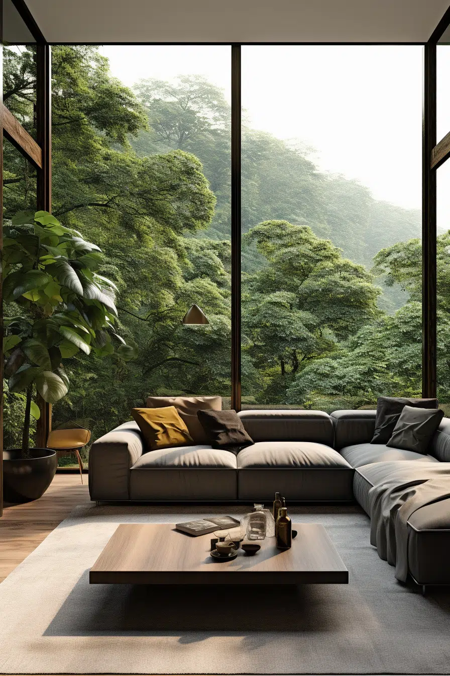 A living room with an organic modern couch and a view of a forest.