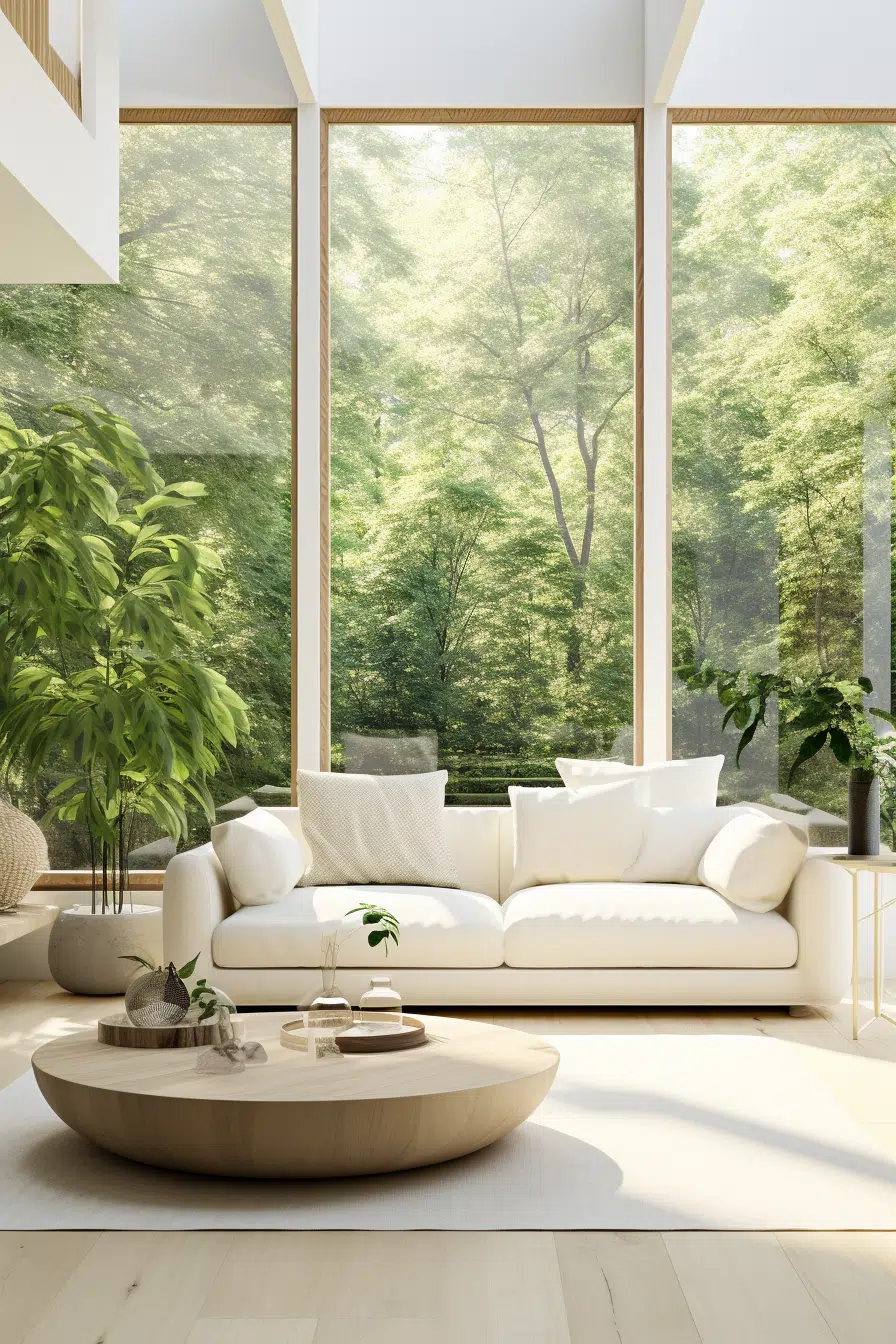 A living room with large windows featuring an organic modern couch.