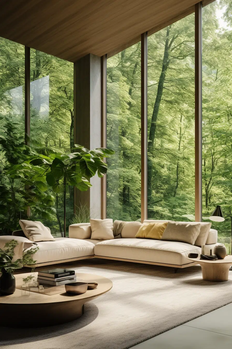 An organic modern living room with large windows overlooking a wooded area.