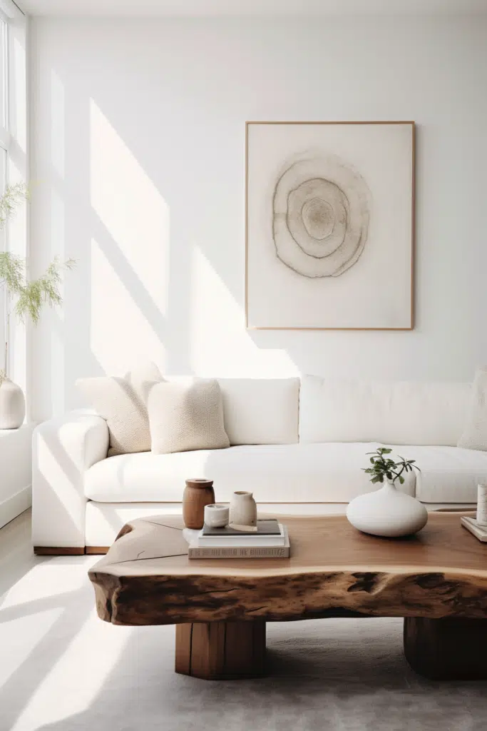 A white living room with a wooden coffee table exemplifying organic modern decor.