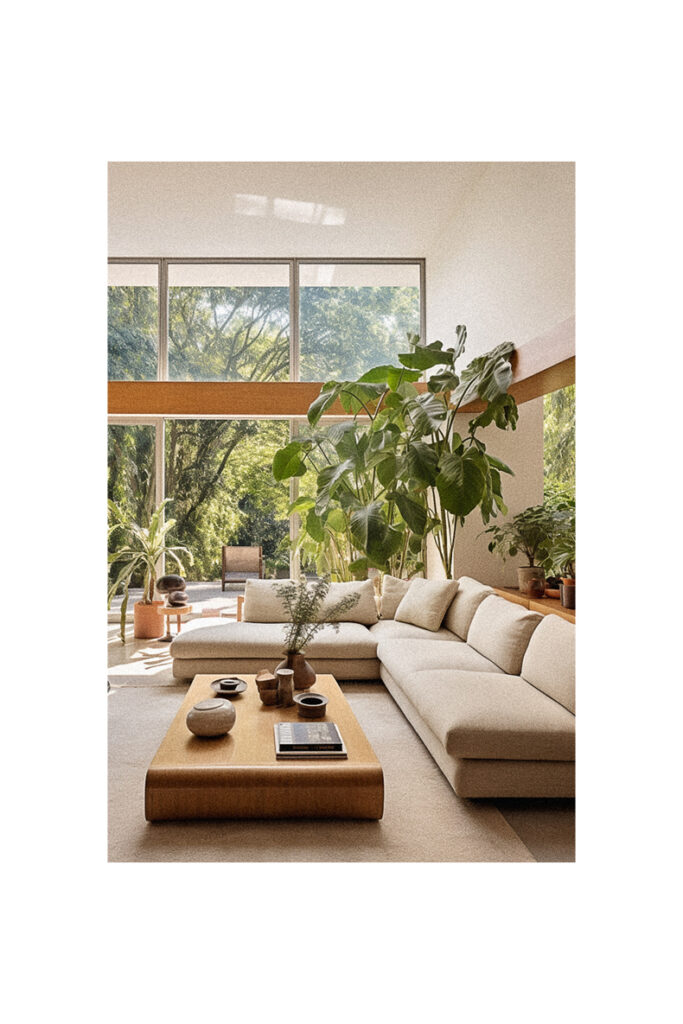 A living room with large windows and plants in an Organic Modern interior design.
