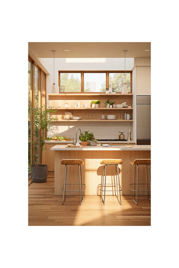 An organic kitchen with wooden counter tops and stools.