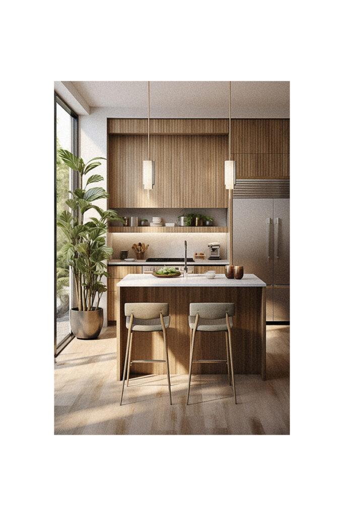 An image of a kitchen with organic wood cabinets.