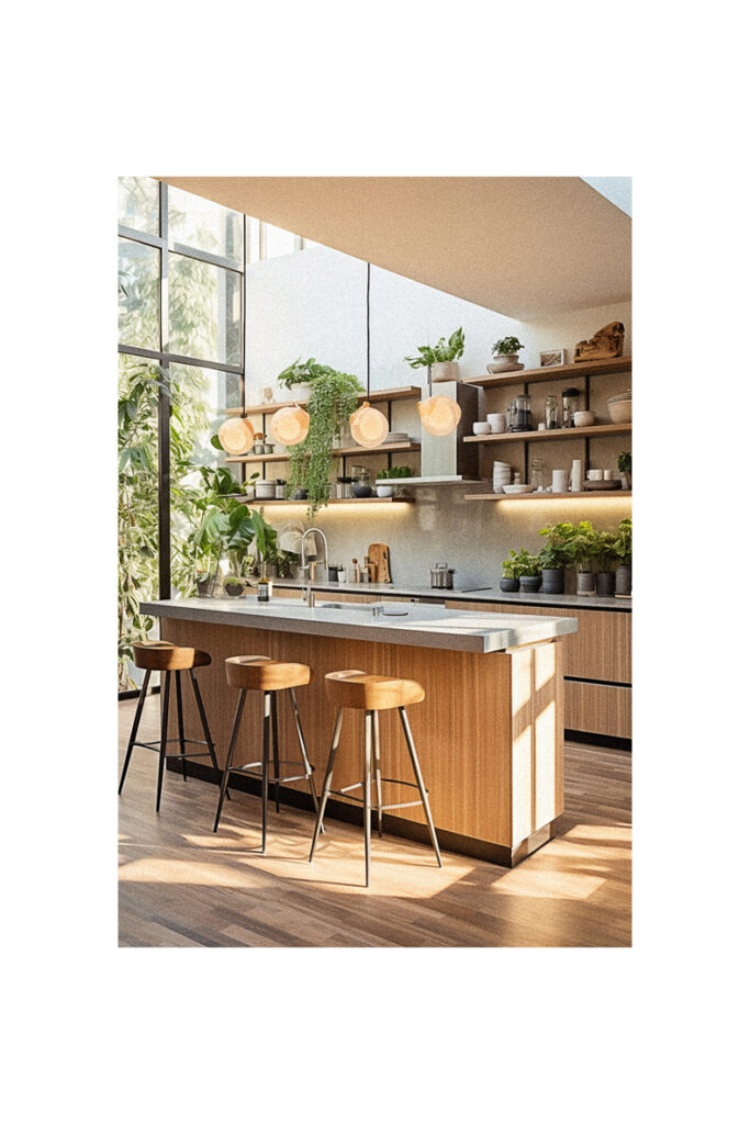 An organic modern kitchen with a wooden island and stools.