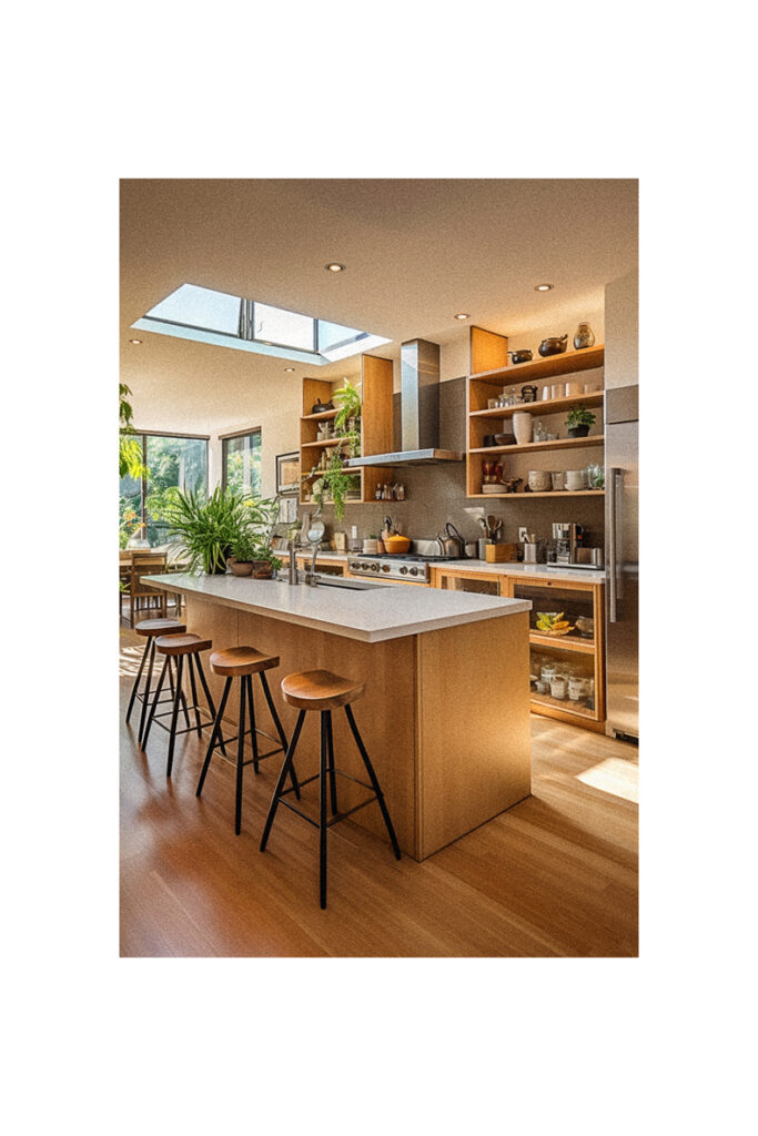 A Organic Modern kitchen with a large island and stools.