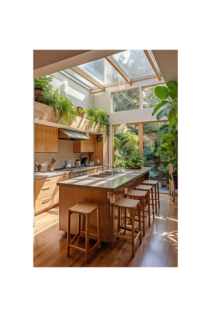 An Organic Modern kitchen with a skylight and stools.