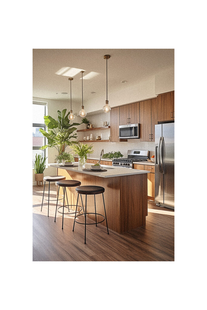 An organic kitchen with wood floors and stools.