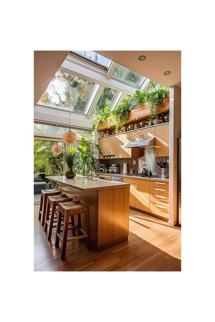 An Organic Modern kitchen with a skylight.