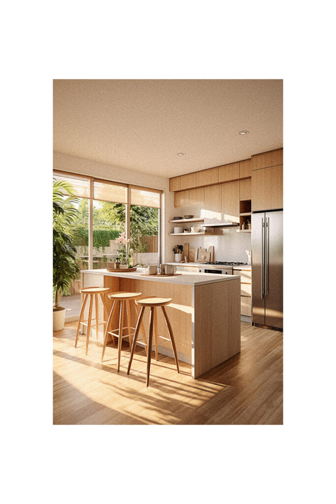 An Organic Modern kitchen with wooden floors.