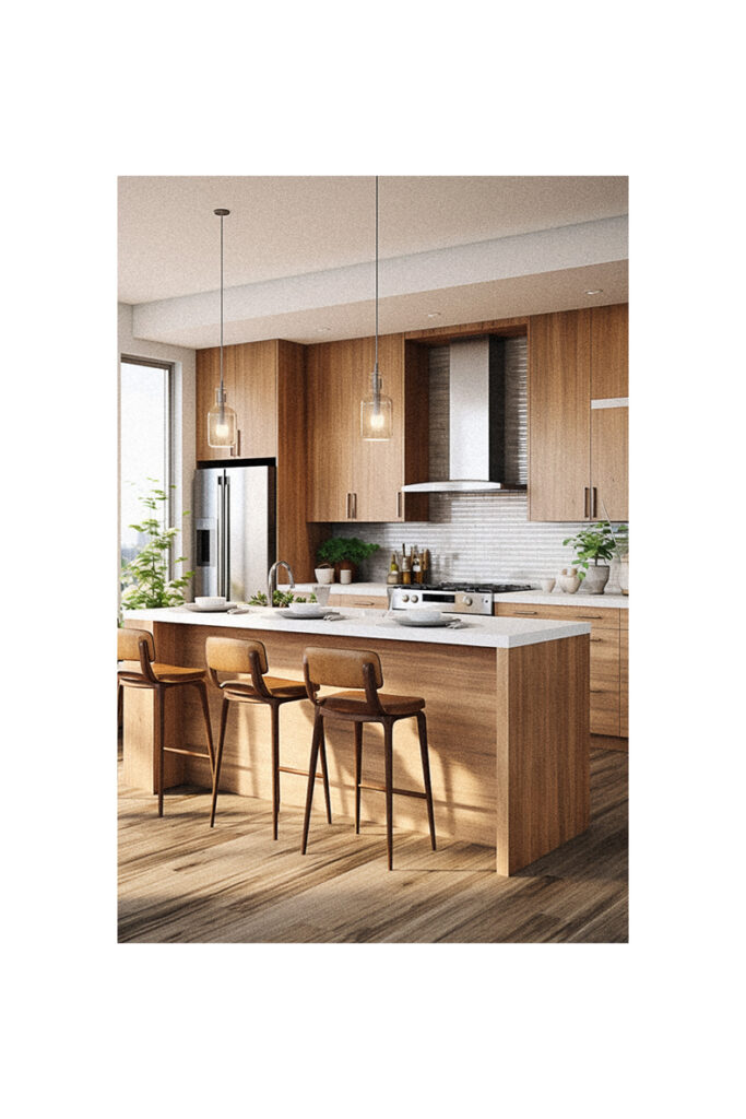 A modern kitchen with organic wood cabinets.