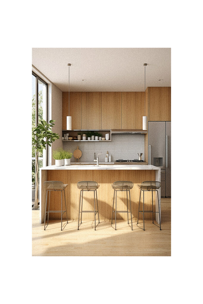 An Organic Modern kitchen with wooden cabinets and stools.
