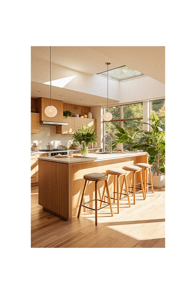An organic kitchen with a skylight.