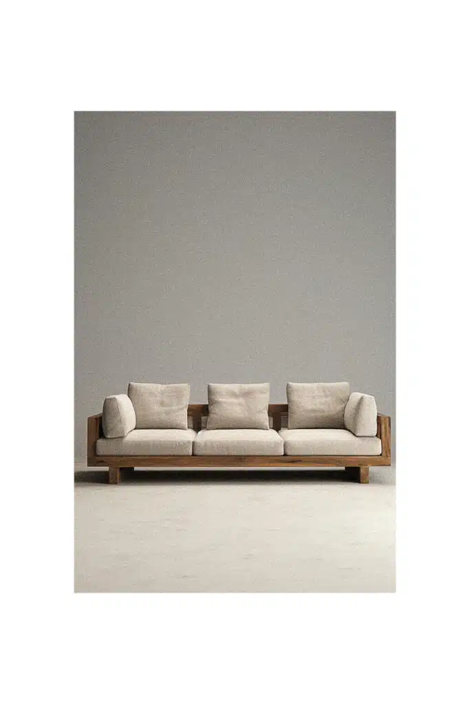 A simple wooden sofa in front of a gray wall.