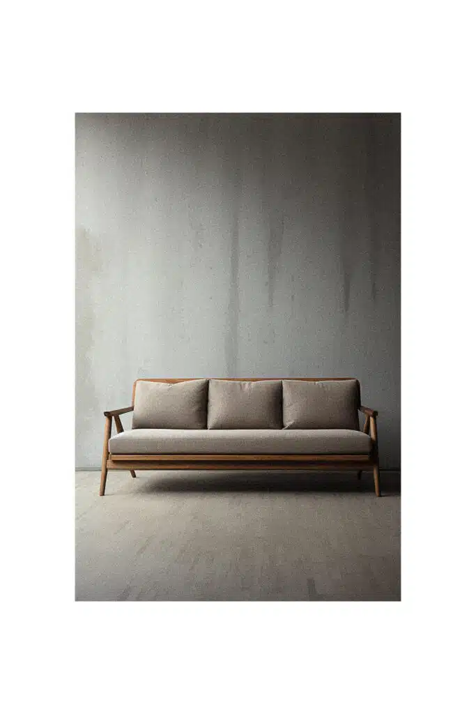 A simple sofa in a room with a concrete floor.