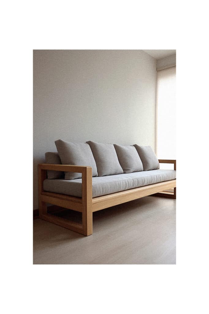 A simple wooden couch in a room with white walls.