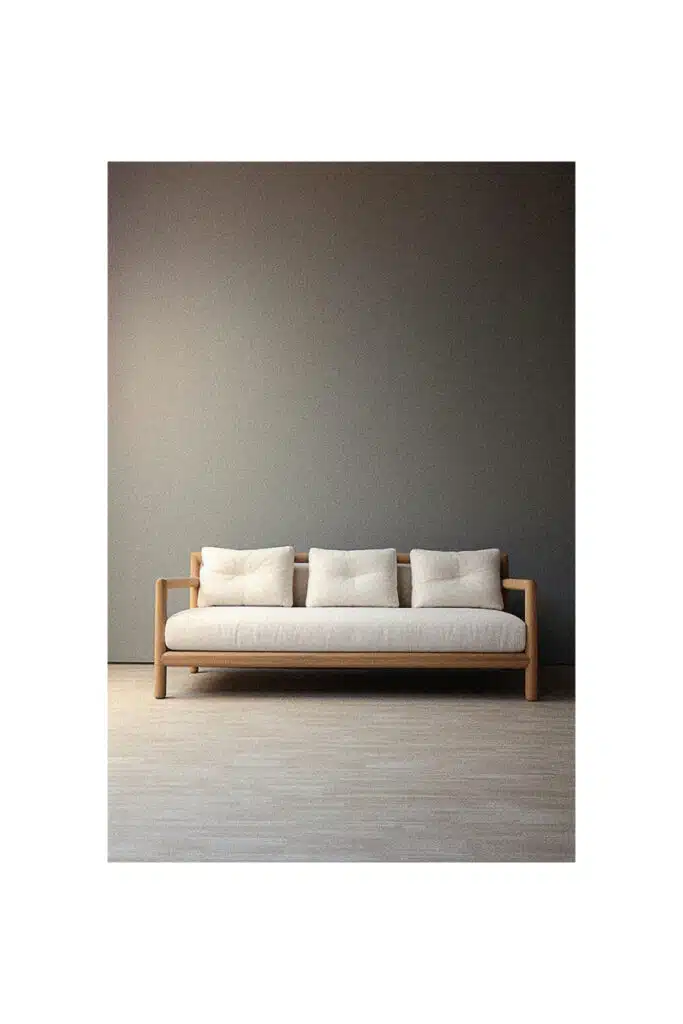 A simple white couch in front of a gray wall.