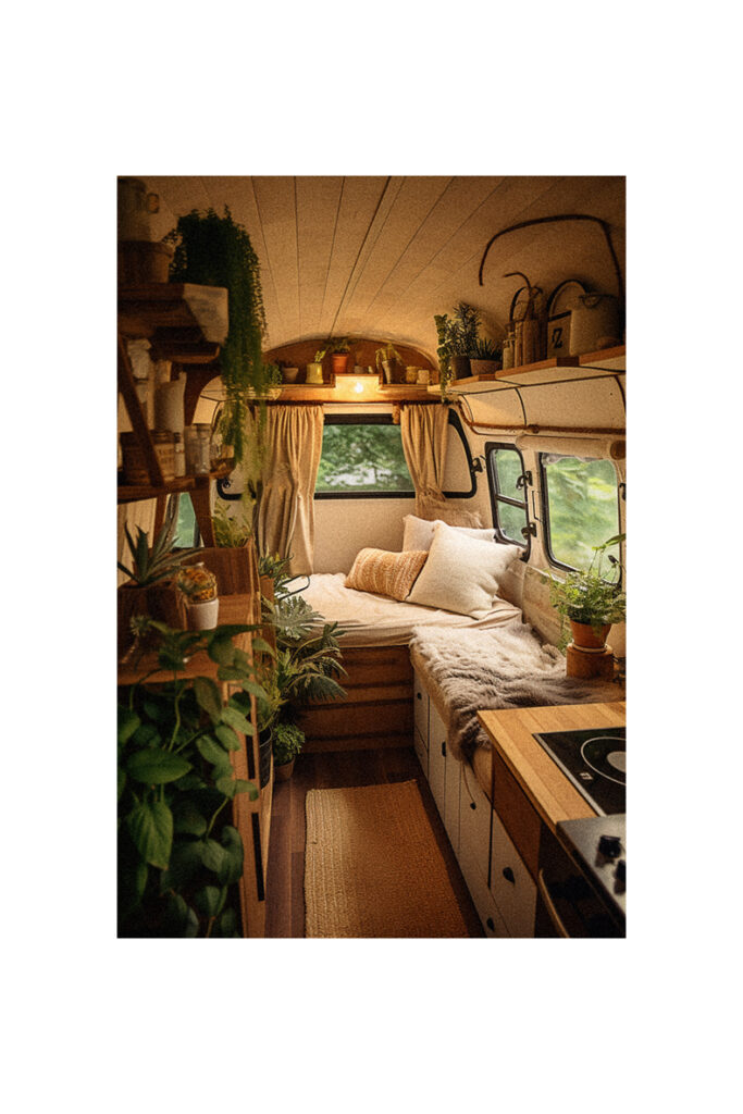 A small camper van with plants and a bed, showcasing interior design ideas.