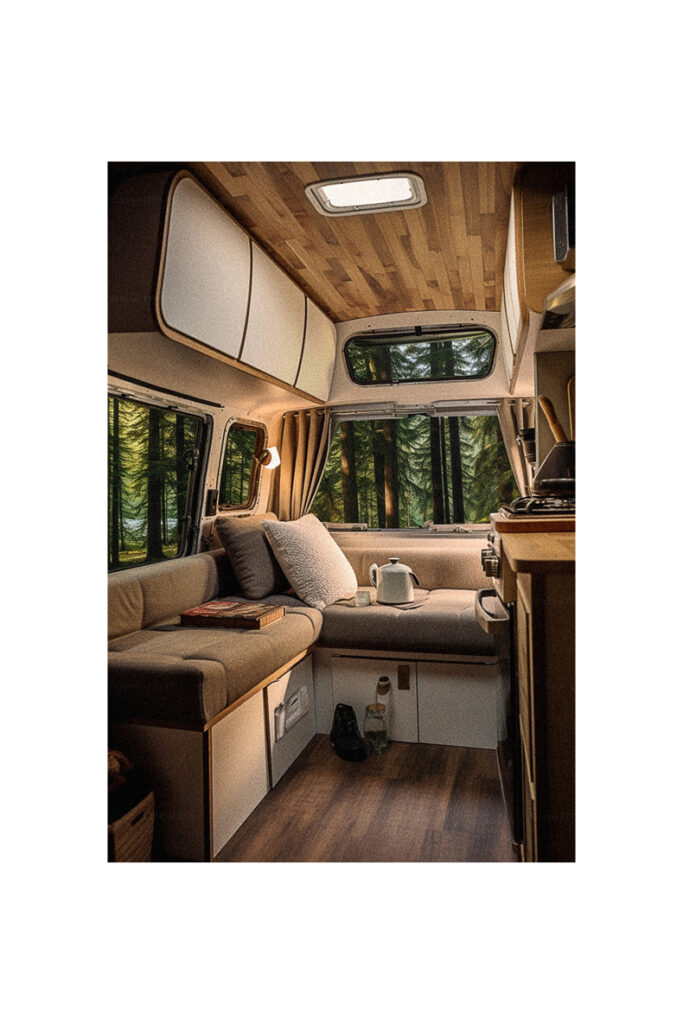 Small camper interior with a couch and a bed.