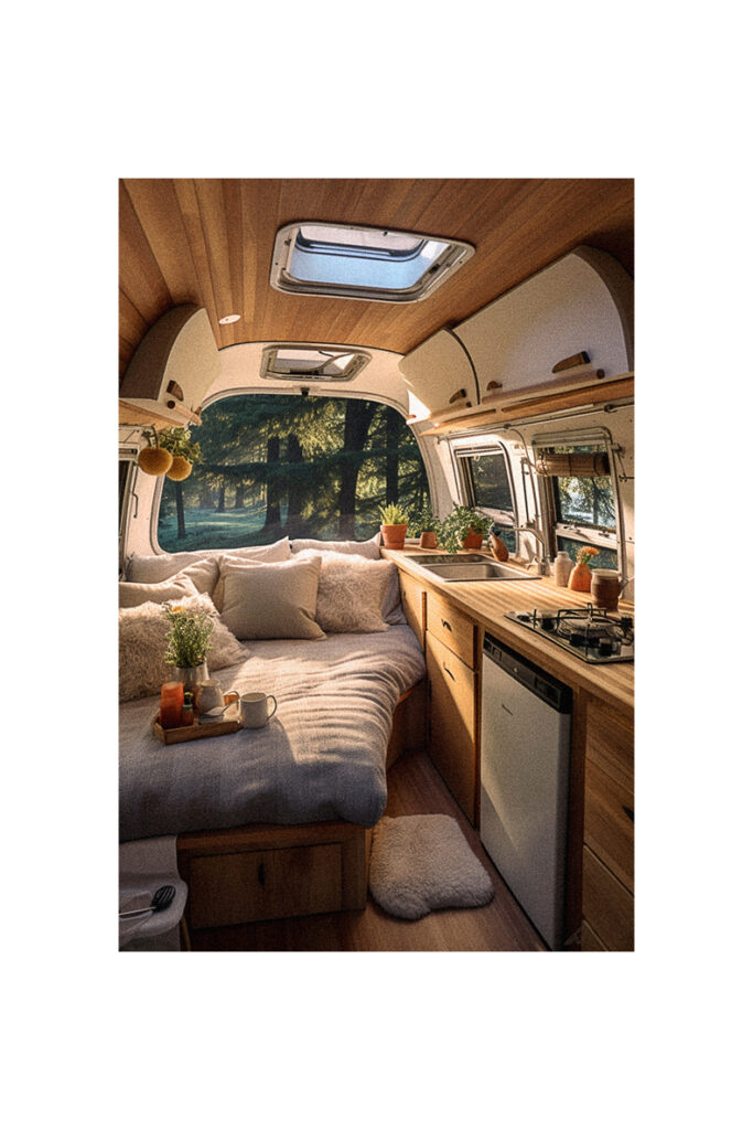 Small camper van interior with bed and kitchen.