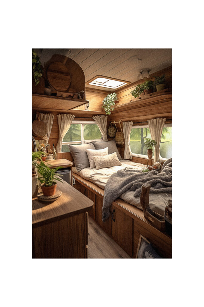 Small RV interior with bed and window.