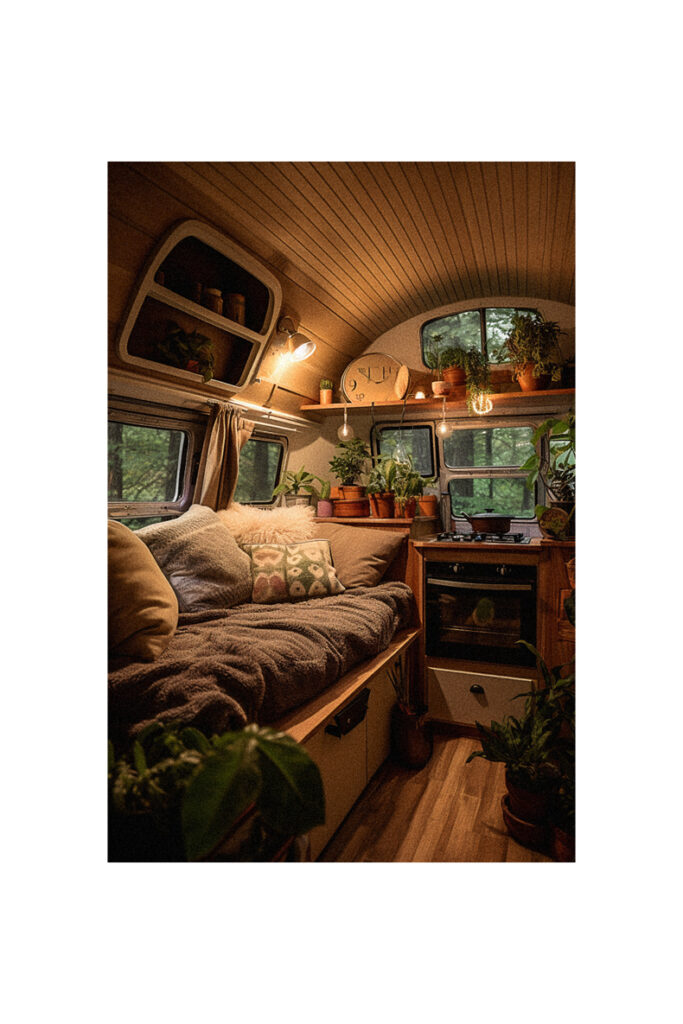 Small camper van with bed and plants.