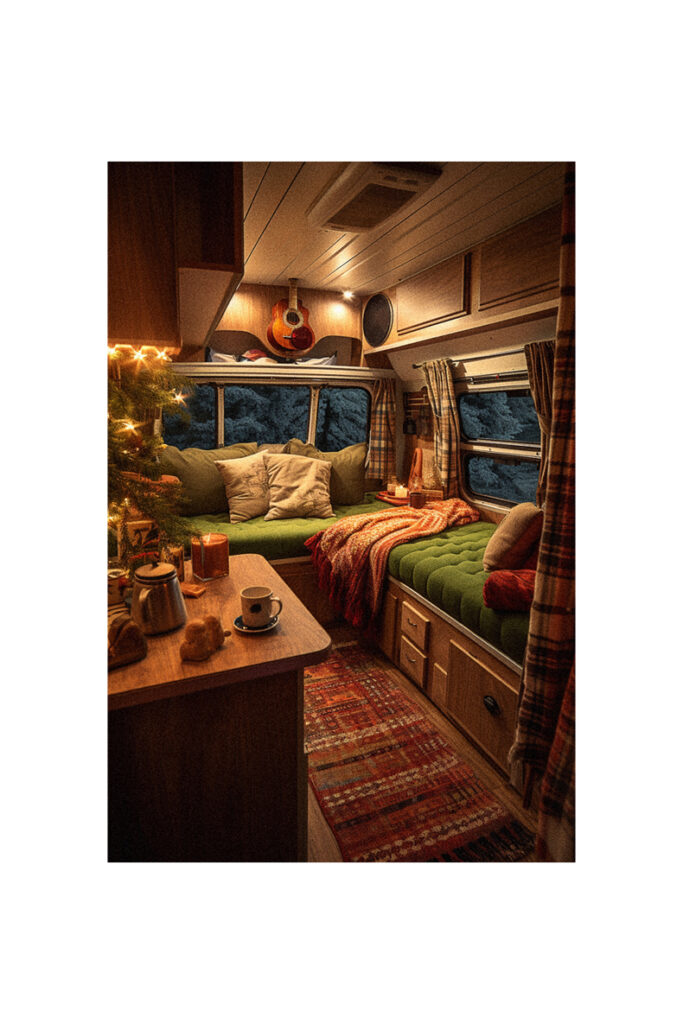 An RV with a small bed.