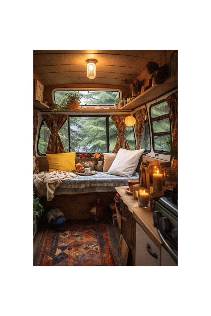 A small camper van with a bed and a bedside table showcasing interior ideas.