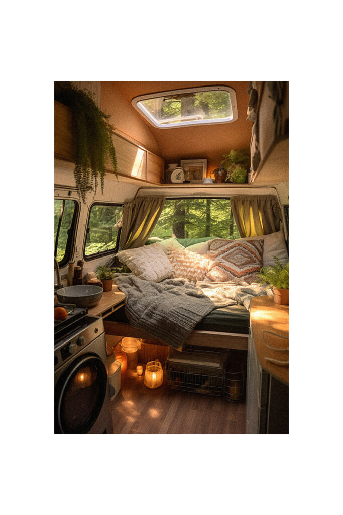 Small camper van interior with bed and stove.