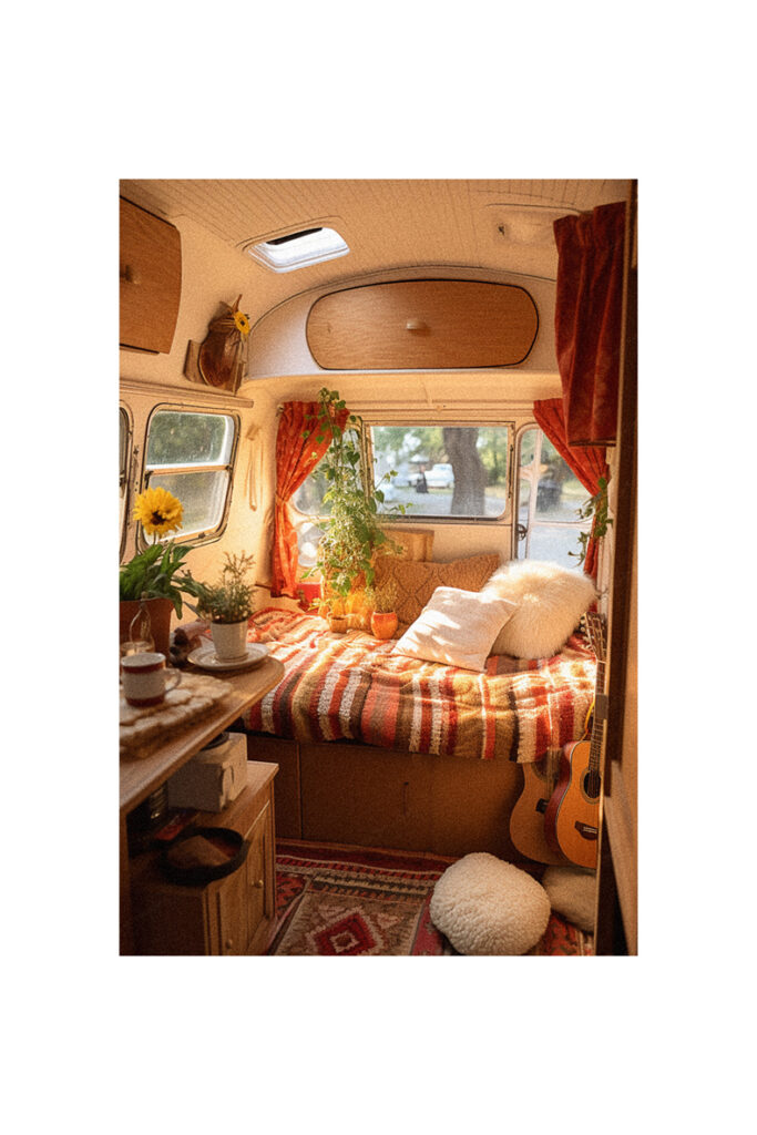 A small camper van with a bed and a bedside table.