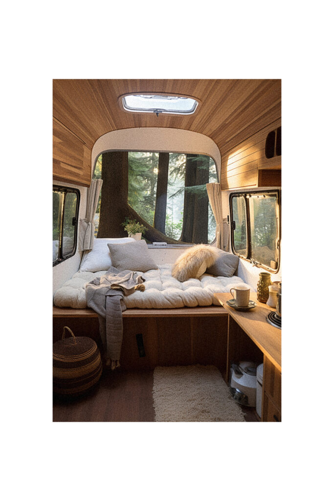 A compact camper van with a cozy bed and seating area.