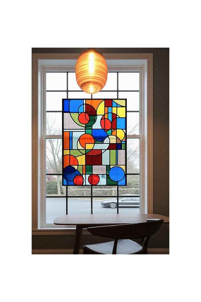A vibrant stained glass window adorning a dining room.