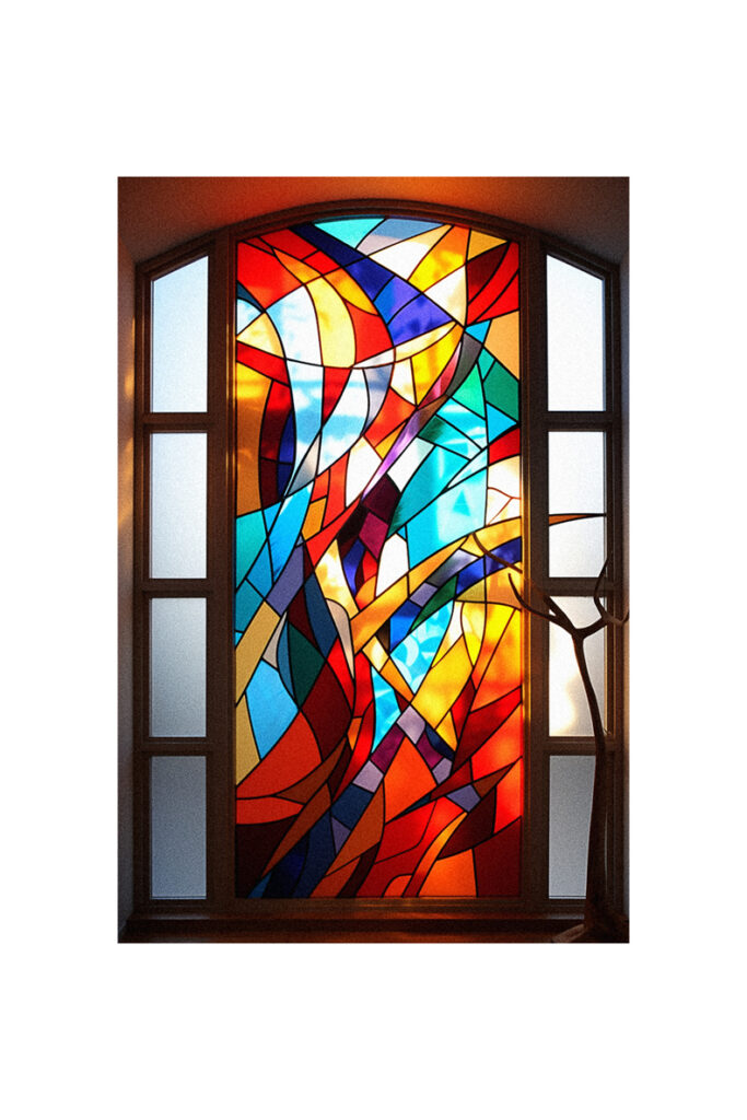 A stained glass art piece in a room.