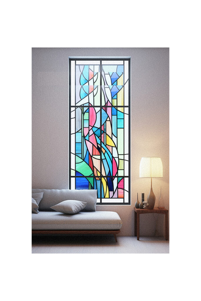 A vibrant stained glass window adorning a living room.