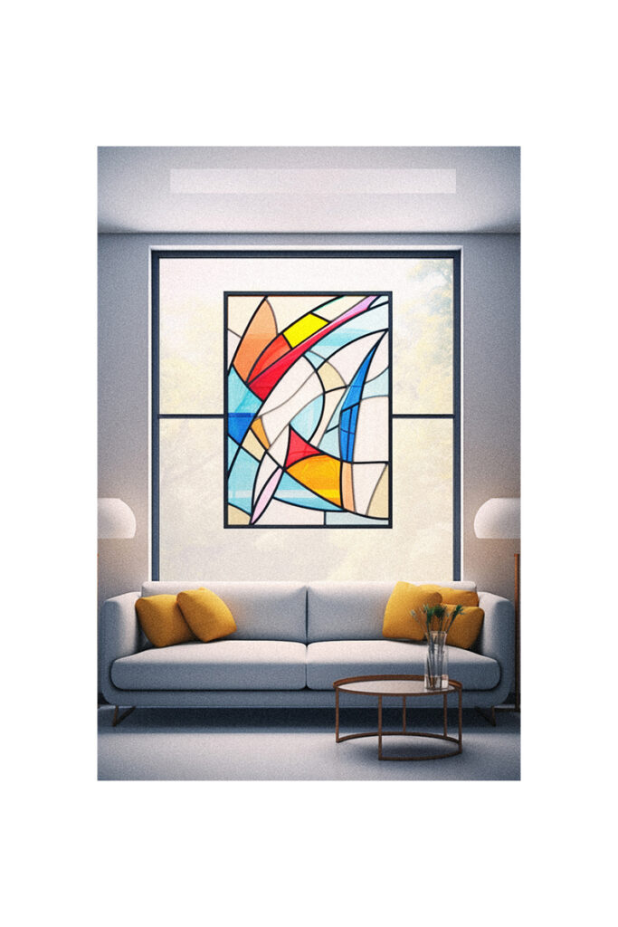 A vibrant stained glass artwork in a residential living room.