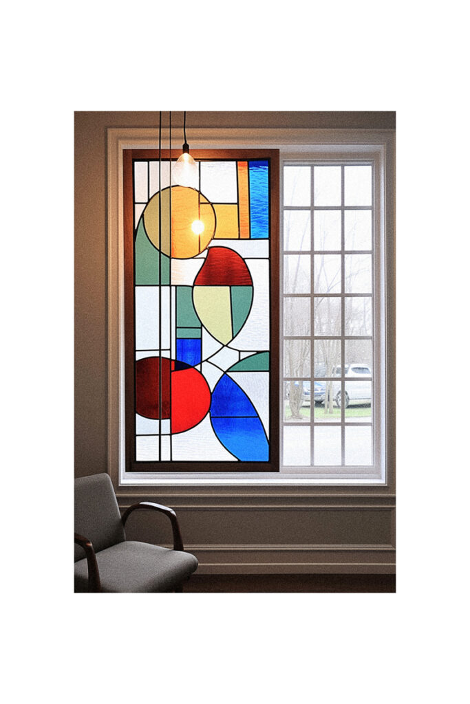 Artful stained glass window in a living room.