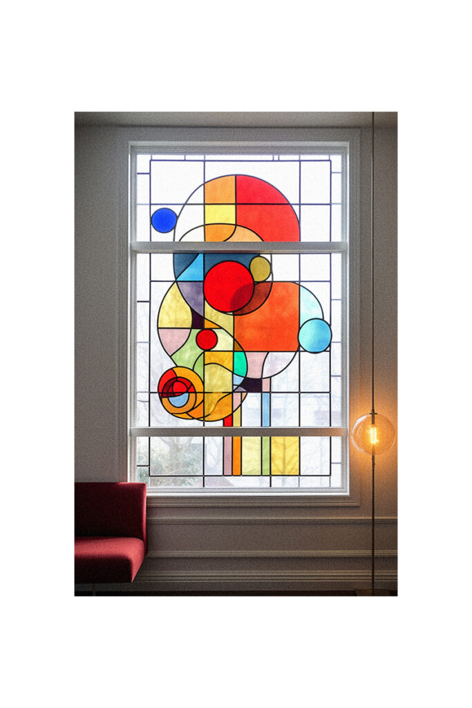 A decorative stained glass window in a room.