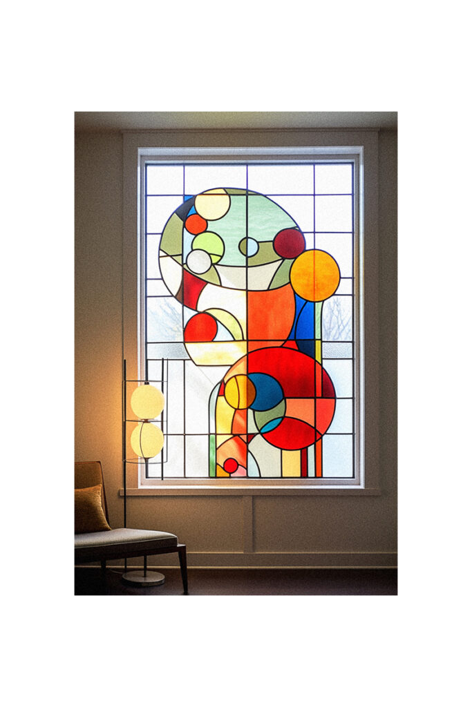 A vibrant stained glass artwork in a room.