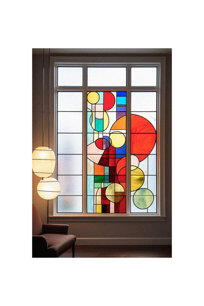 A stained glass window in an artful room.