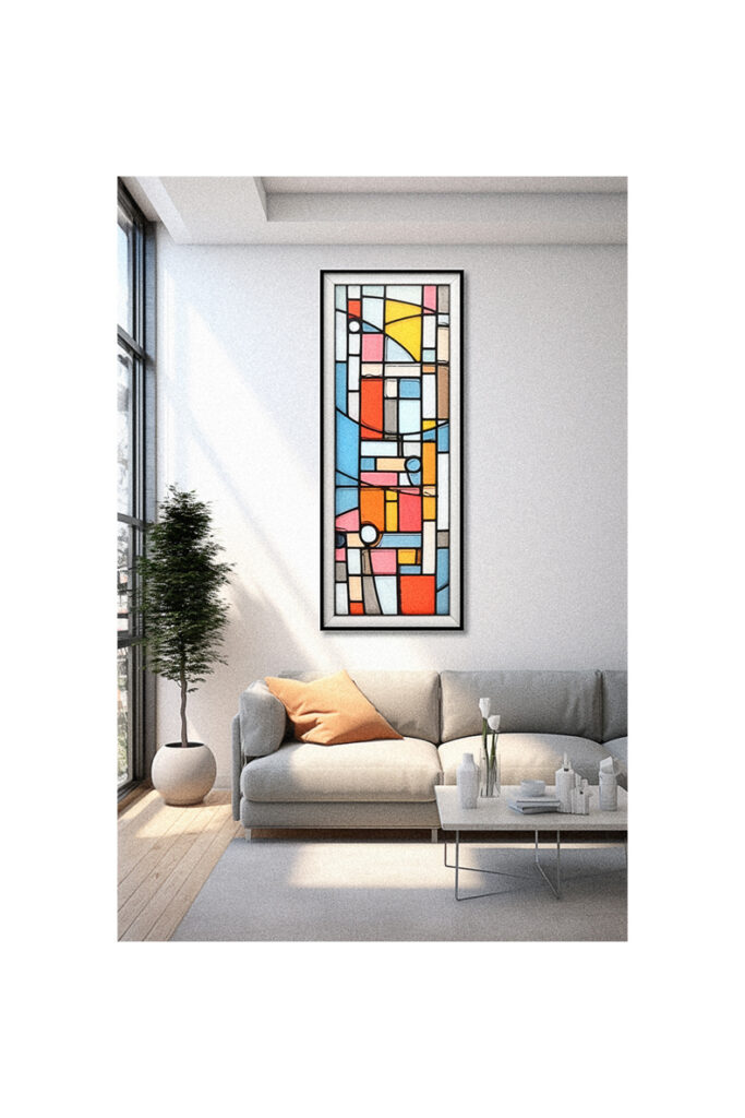 A modern living room with a colorful abstract painting hanging above a couch and a stained glass window.