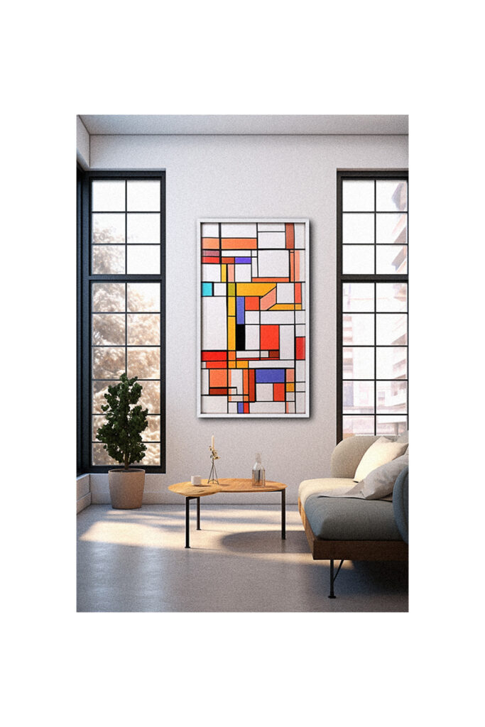 A modern living room with a colorful Stain Glass Window Art on the wall.