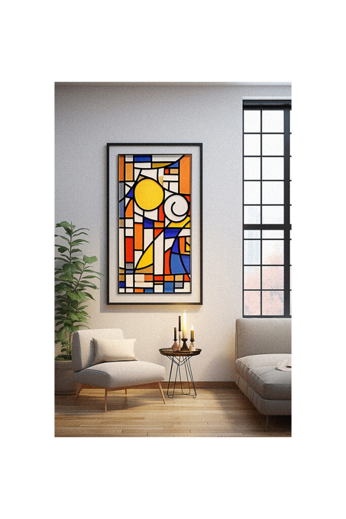An abstract stain glass painting in a living room.