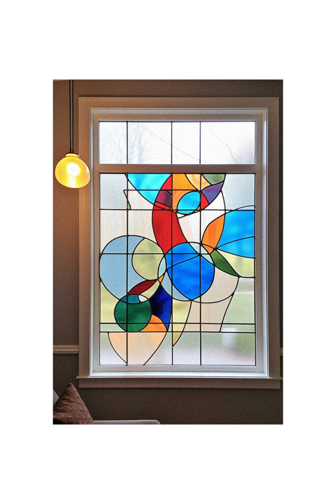 A stained glass window showcasing intricate art in a living room.