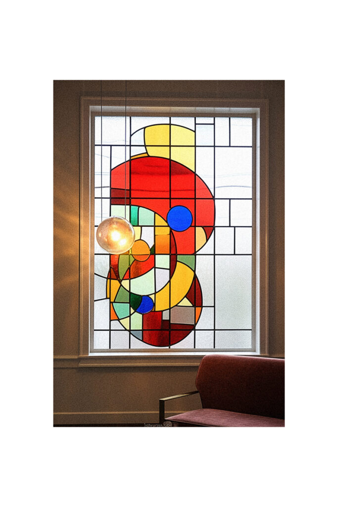 An artful stained glass window as a centerpiece in a room.