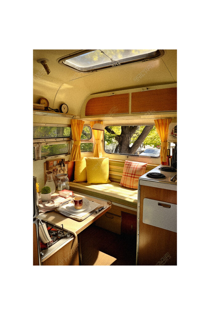 The vintage interior of a camper van.