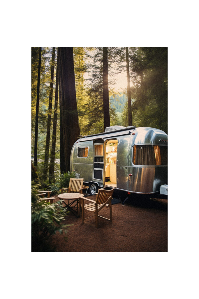 A vintage silver airstream parked in a wooded area, undergoing a remodel.
