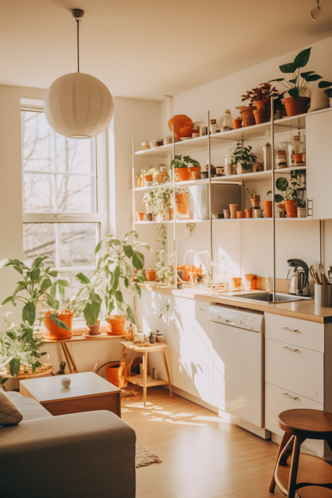         A white kitchen with lots of plants on the shelves, perfect for creating an apartment aesthetic.