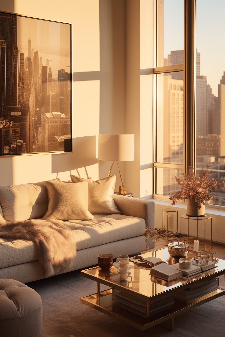 A warmly welcoming living room with a mesmerizing view of the city.